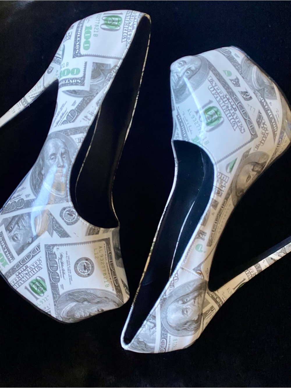 Money-Print Peep-Toe High Heels - White/Green